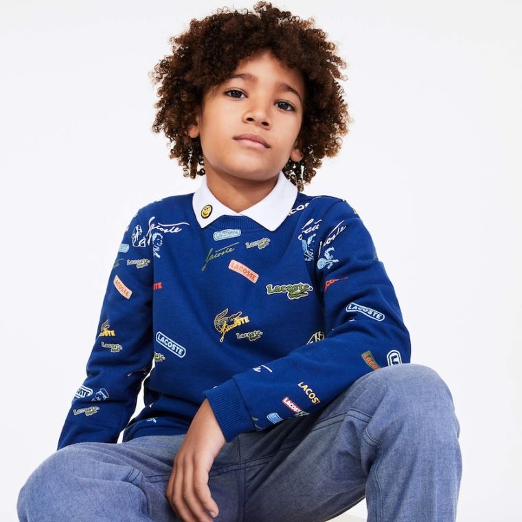 Lacoste Signature Print Bomulds Fleece Sweatshirt Blå Hvide | DqUG1oYK