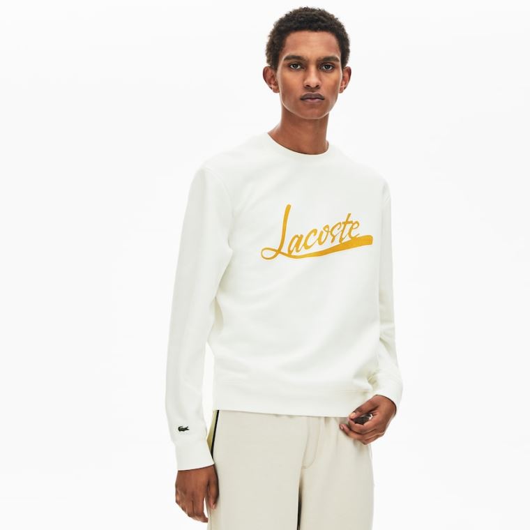 Lacoste Signature Print Crew Neck Sweatshirt Hvide | p3DPWc35