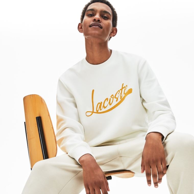 Lacoste Signature Print Crew Neck Sweatshirt Hvide | p3DPWc35