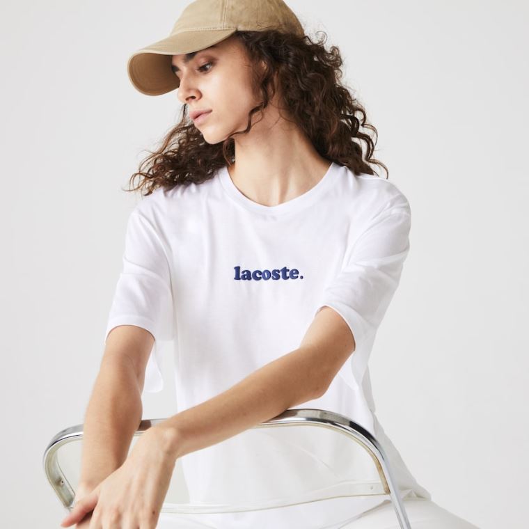 Lacoste Signature Printed Crew Neck Bomulds T-shirt Hvide Mørkeblå Blå | DMrHwTYG