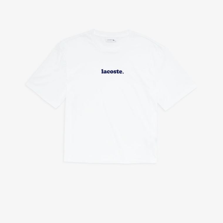 Lacoste Signature Printed Crew Neck Bomulds T-shirt Hvide Mørkeblå Blå | DMrHwTYG