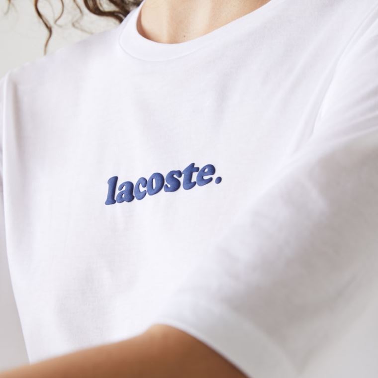 Lacoste Signature Printed Crew Neck Bomulds T-shirt Hvide Mørkeblå Blå | DMrHwTYG