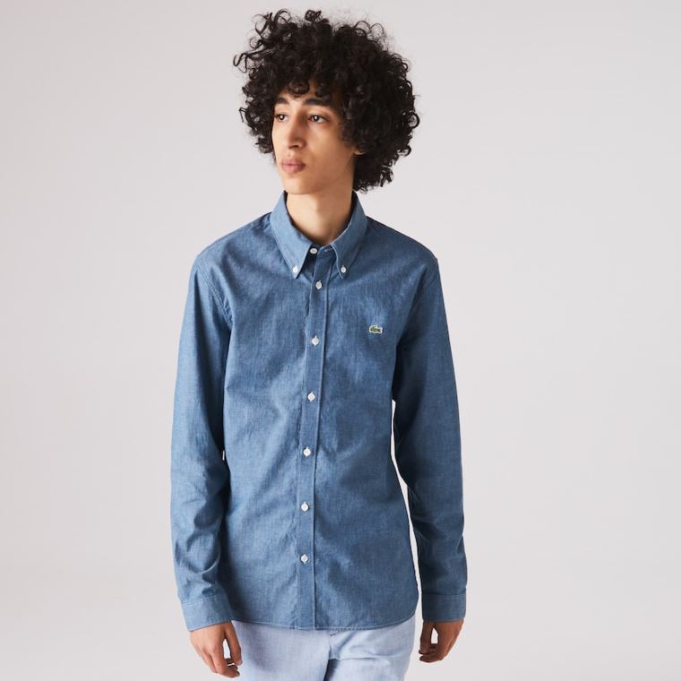 Lacoste Slim Fit Bomulds Chambray Shirt Blå | iIvYXkM3