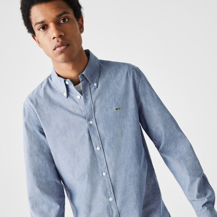 Lacoste Slim Fit Bomulds Chambray Shirt Blå | uAXP2IdS