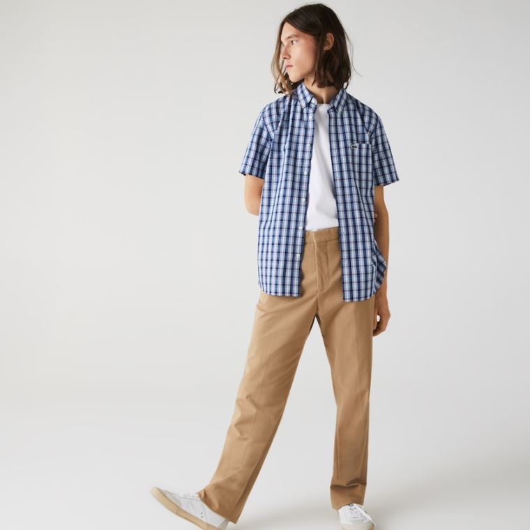 Lacoste Slim Fit Checked Poplin Shirt Blå Hvide Blå | S1aANtJ0