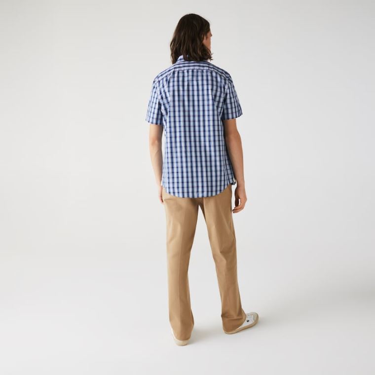 Lacoste Slim Fit Checked Poplin Shirt Blå Hvide Blå | S1aANtJ0