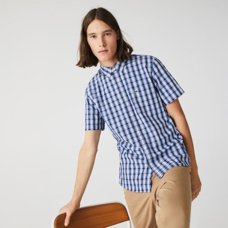 Lacoste Slim Fit Checked Poplin Shirt Blå Hvide Blå | S1aANtJ0