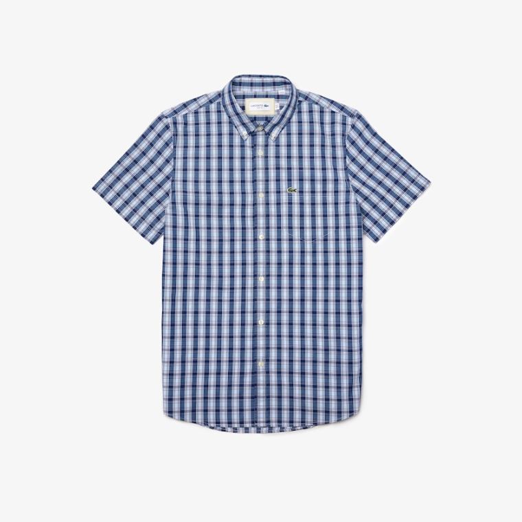 Lacoste Slim Fit Checked Poplin Shirt Blå Hvide Blå | S1aANtJ0