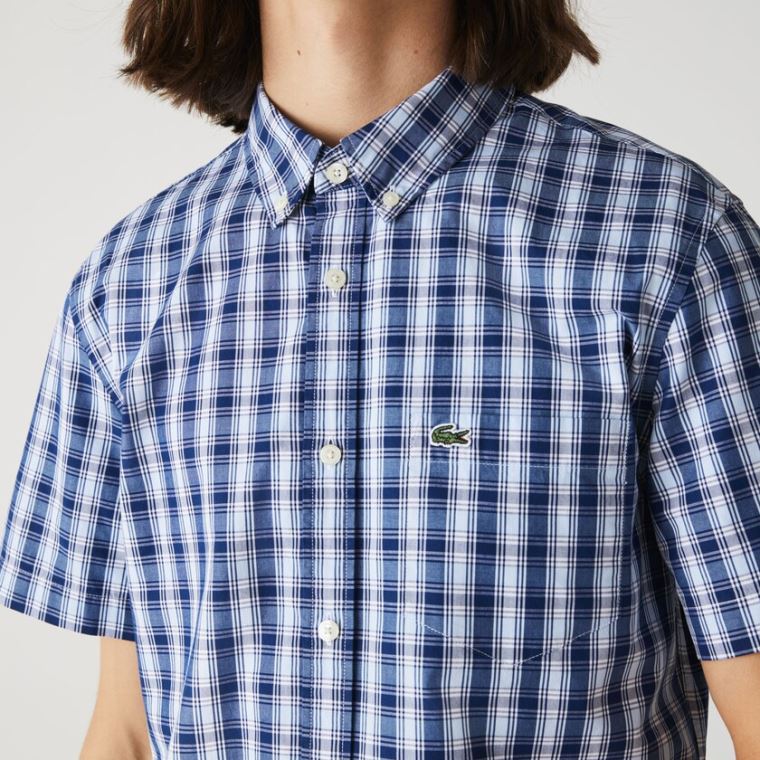 Lacoste Slim Fit Checked Poplin Shirt Blå Hvide Blå | S1aANtJ0