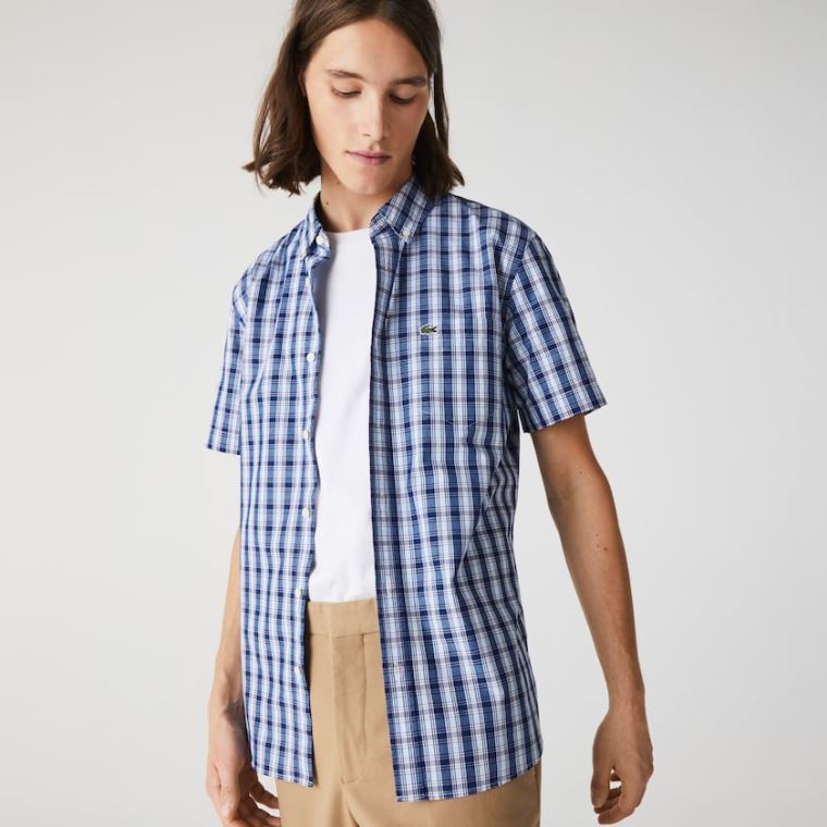 Lacoste Slim Fit Checked Poplin Shirt Blå Hvide Blå | S1aANtJ0