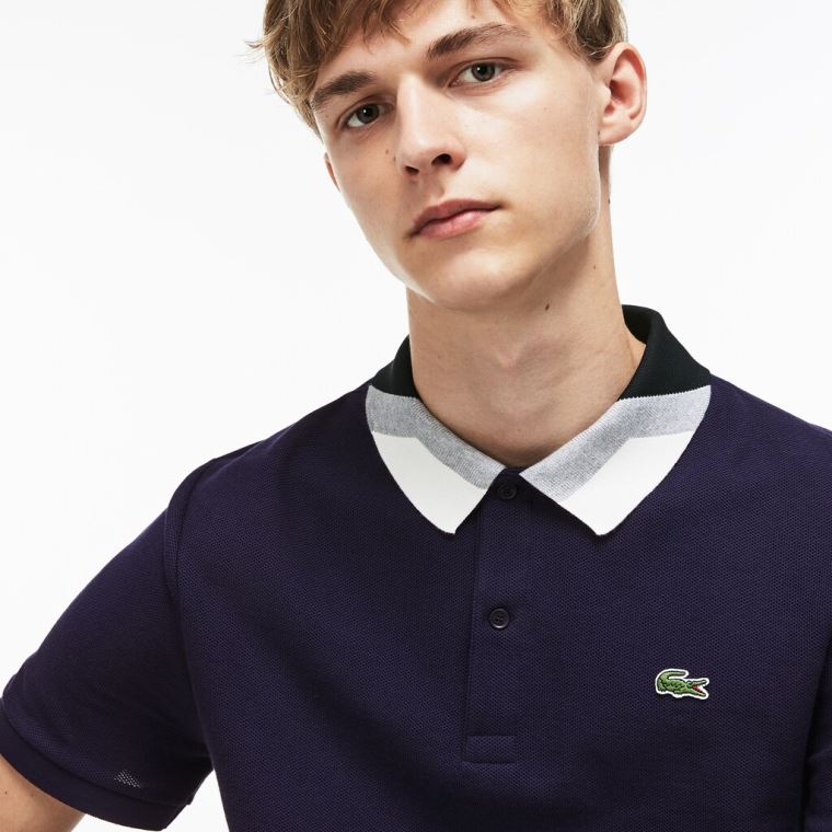 Lacoste Slim Fit Colourblock Striped Knop Piqué Polo Shirt Mørkeblå Blå | 0Wm22ePC