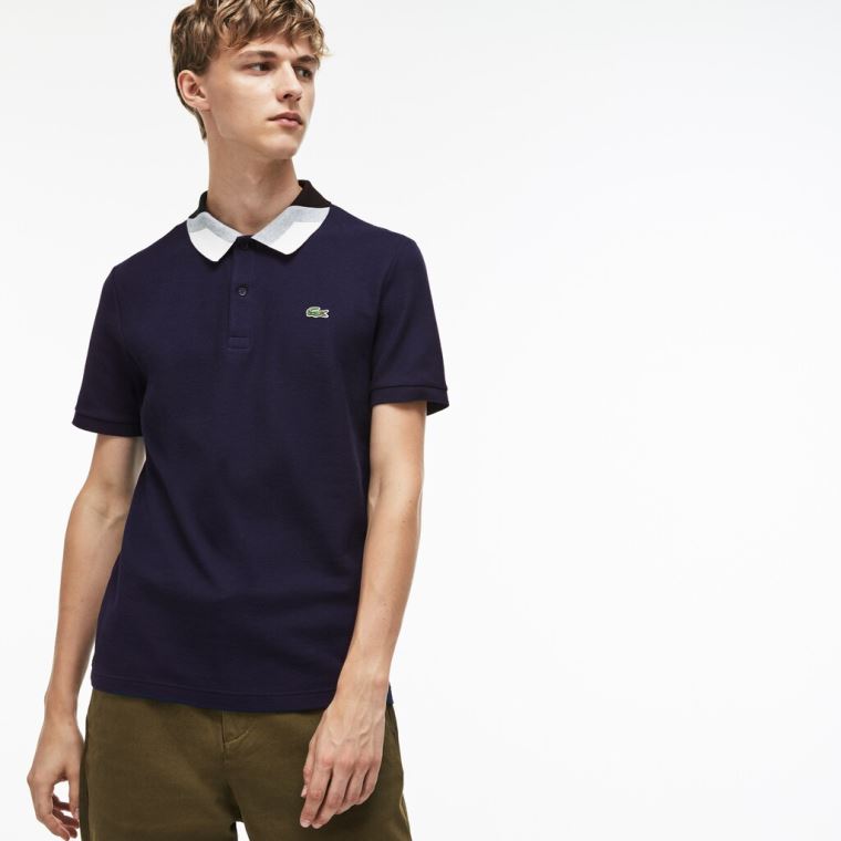 Lacoste Slim Fit Colourblock Striped Knop Piqué Polo Shirt Mørkeblå Blå | 0Wm22ePC