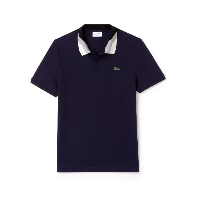 Lacoste Slim Fit Colourblock Striped Knop Piqué Polo Shirt Mørkeblå Blå | uThKsZOB