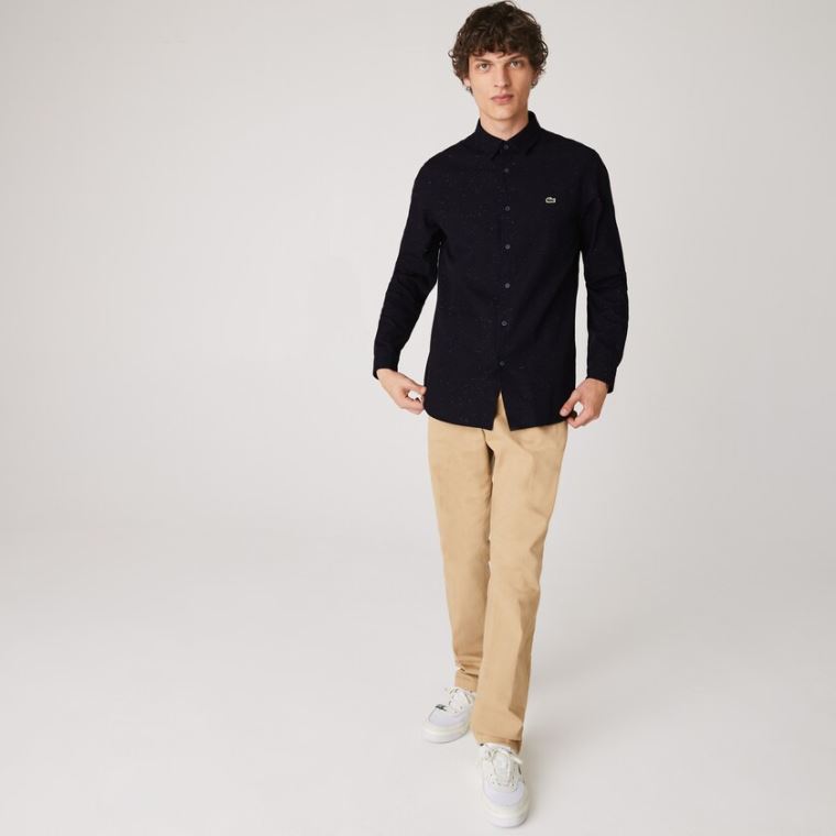 Lacoste Slim Fit Flamed Bomulds Shirt Mørkeblå Blå Hvide | 3kHe9mWz