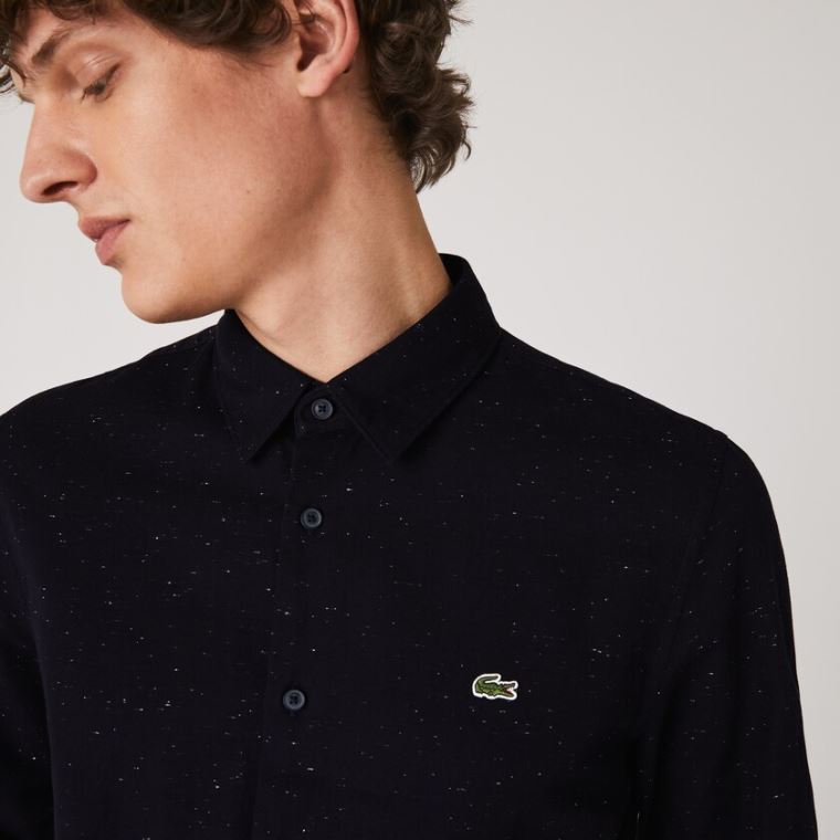 Lacoste Slim Fit Flamed Bomulds Shirt Mørkeblå Blå Hvide | 3kHe9mWz