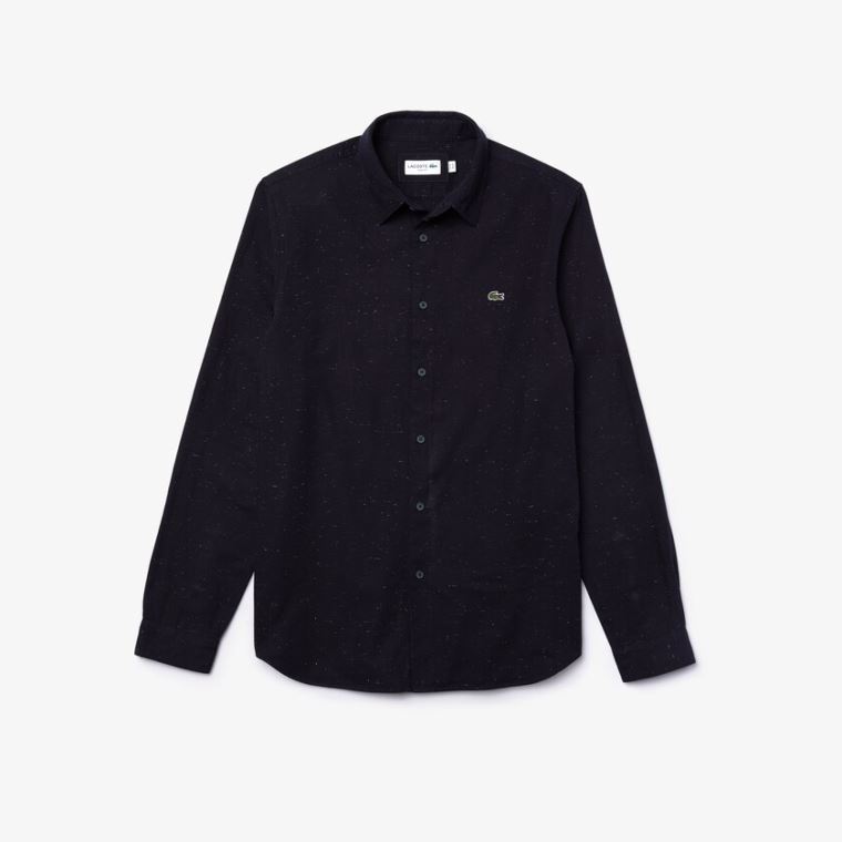 Lacoste Slim Fit Flamed Bomulds Shirt Mørkeblå Blå Hvide | 3kHe9mWz