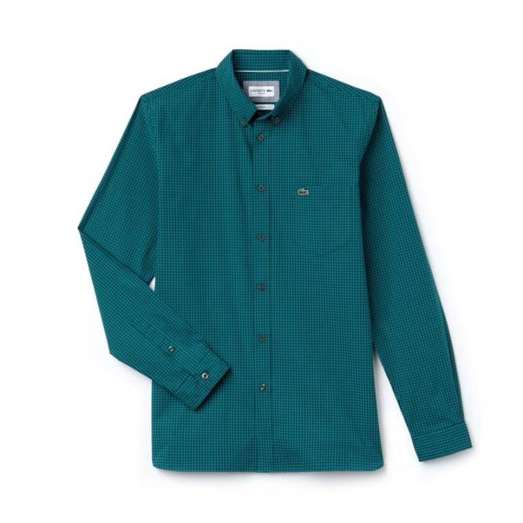 Lacoste Slim Fit Gingham Stretch Bomulds Poplin Shirt Grøn | sJ3EAlKt