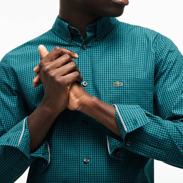 Lacoste Slim Fit Gingham Stretch Bomulds Poplin Shirt Grøn | sJ3EAlKt