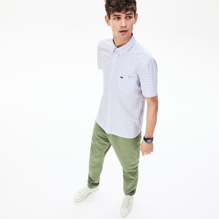 Lacoste Slim Fit Kort-Sleeve Wool Shirt Hvide Lyseblå | r4xKgkx1