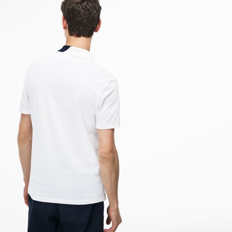 Lacoste Slim Fit Lettering Stretch Mini Piqué Polo Hvide Mørkeblå Blå | FttgAG2d