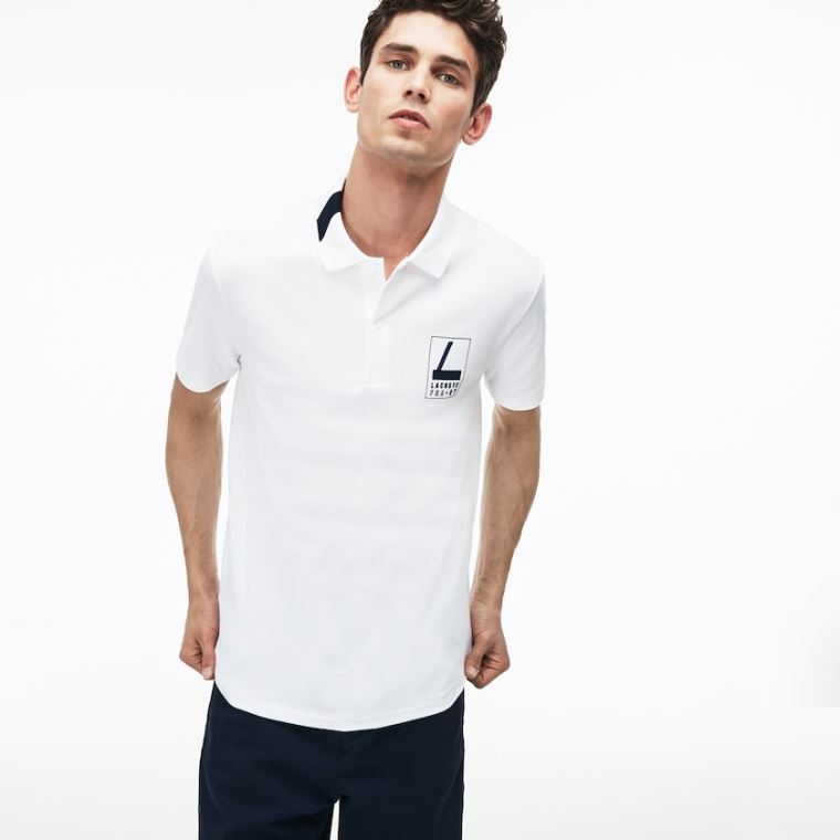 Lacoste Slim Fit Lettering Stretch Mini Piqué Polo Hvide Mørkeblå Blå | FttgAG2d