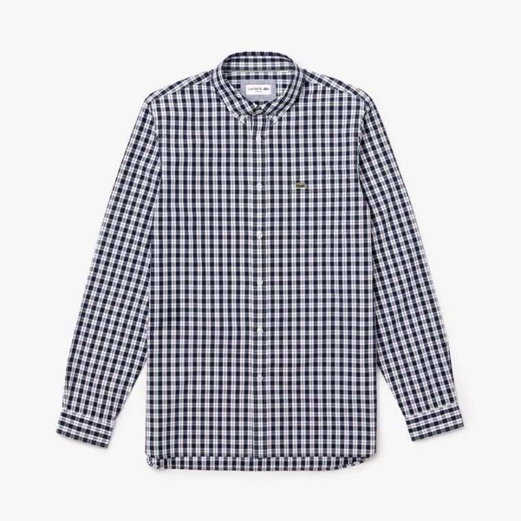 Lacoste Slim Fit Long-Sleeve Wool Shirt Hvide Mørkeblå Blå | QMMwJIiD