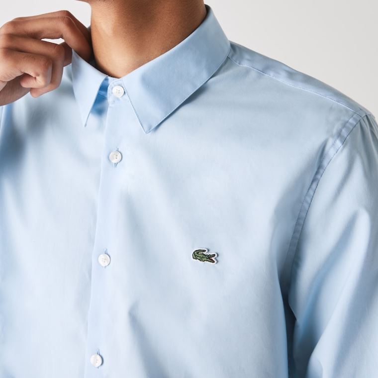 Lacoste Slim Fit Stretch Bomulds Poplin Shirt Blå | H0cw1lPa