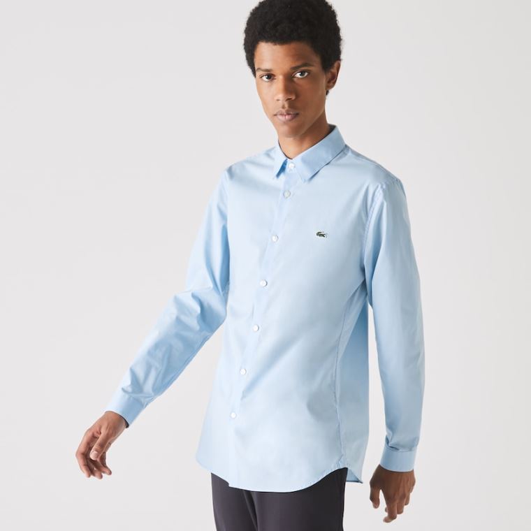 Lacoste Slim Fit Stretch Bomulds Poplin Shirt Blå | H0cw1lPa