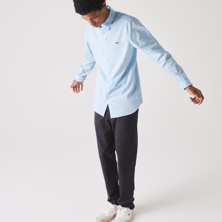 Lacoste Slim Fit Stretch Bomulds Poplin Shirt Blå | H0cw1lPa