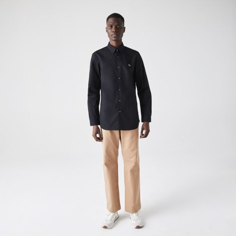 Lacoste Slim Fit Stretch Bomulds Poplin Shirt Sort | L1WPWRSW