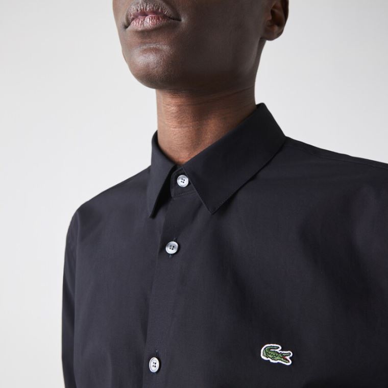 Lacoste Slim Fit Stretch Bomulds Poplin Shirt Sort | L1WPWRSW