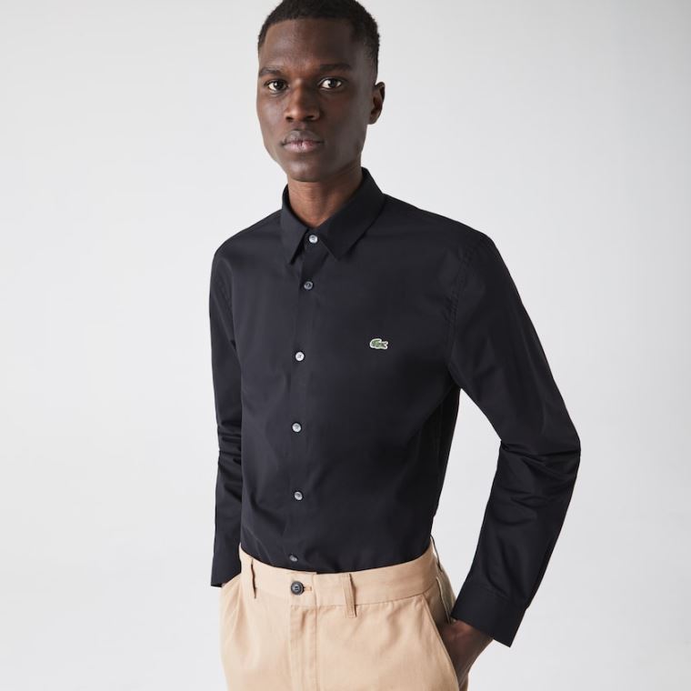 Lacoste Slim Fit Stretch Bomulds Poplin Shirt Sort | L1WPWRSW