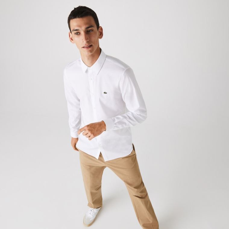 Lacoste Slim Fit Stretch Bomulds Poplin Shirt Hvide | xCud02KE