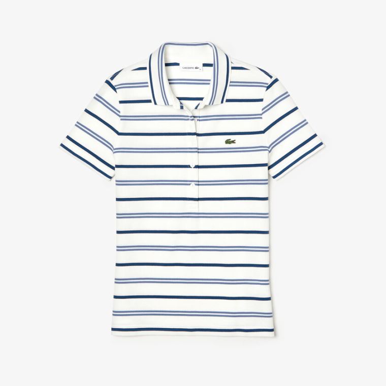 Lacoste Slim Fit Striped Stretch Piqué Polo Shirt Hvide Blå Mørkeblå Blå | FHBzmELj