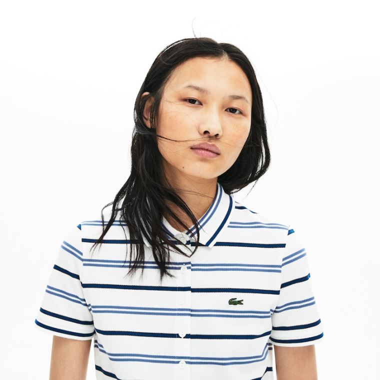 Lacoste Slim Fit Striped Stretch Piqué Polo Shirt Hvide Blå Mørkeblå Blå | FHBzmELj