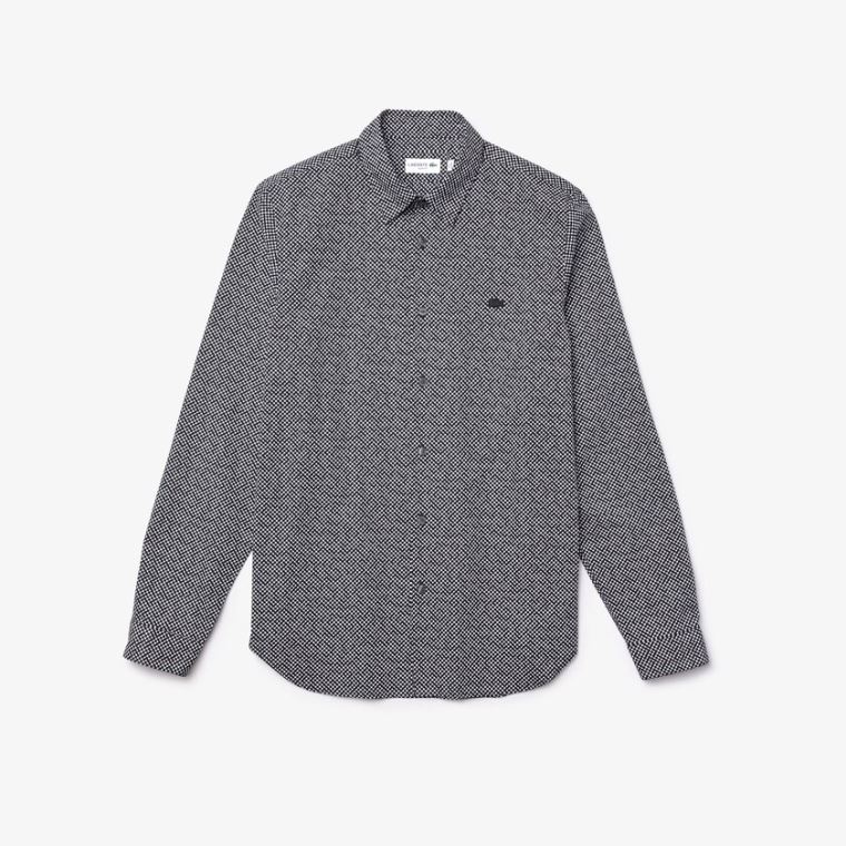 Lacoste Slim Fit Tennis Ball Pattern Bomulds Poplin Shirt Hvide Mørkeblå Blå | C5sRQEHM