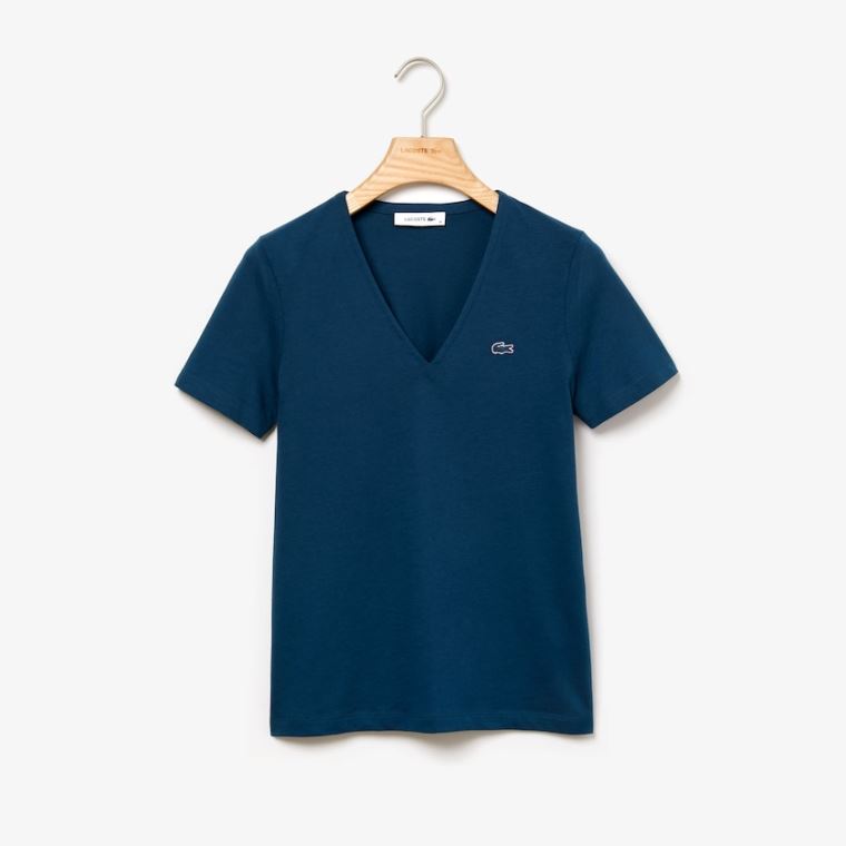 Lacoste Slim Fit V-Neck Bomulds Jersey T-shirt Blå | 2Ytfb1YR