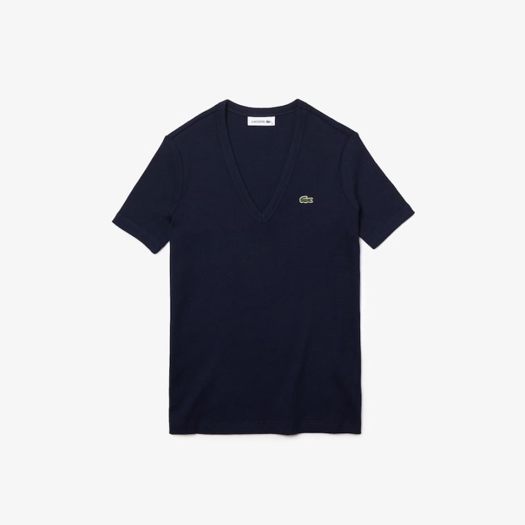 Lacoste Soft Bomulds V-Neck T-shirt Mørkeblå Blå | JaeFGGeQ