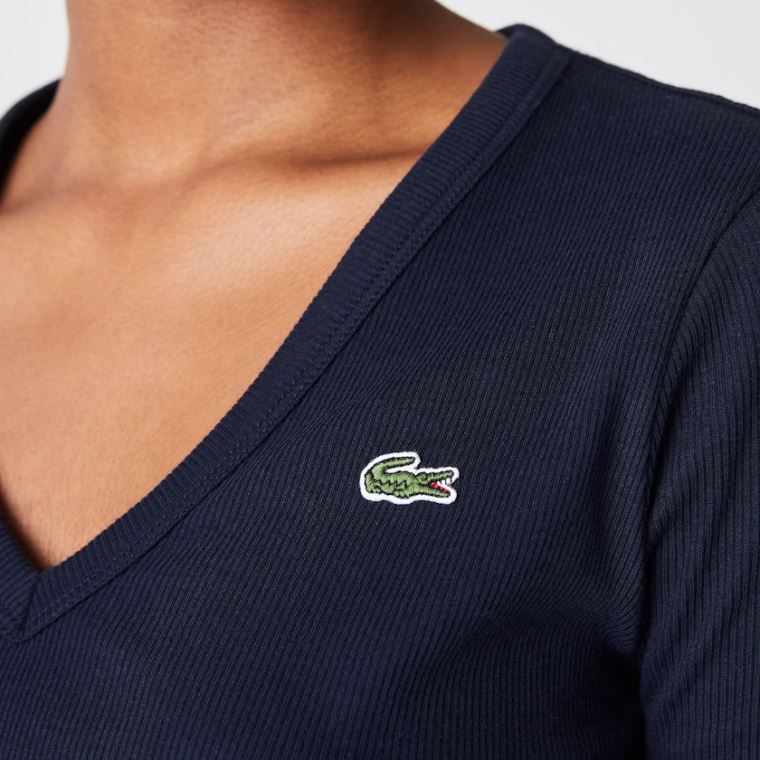 Lacoste Soft Bomulds V-Neck T-shirt Mørkeblå Blå | JaeFGGeQ