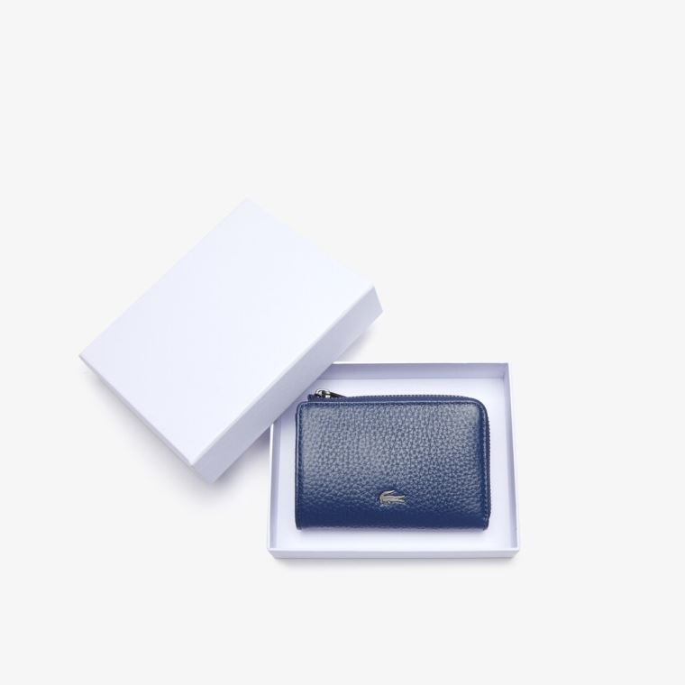 Lacoste Soft Mate Matte Full-Grain Læder Zippered Card Holder Mørkeblå | 2zm0H0Ik