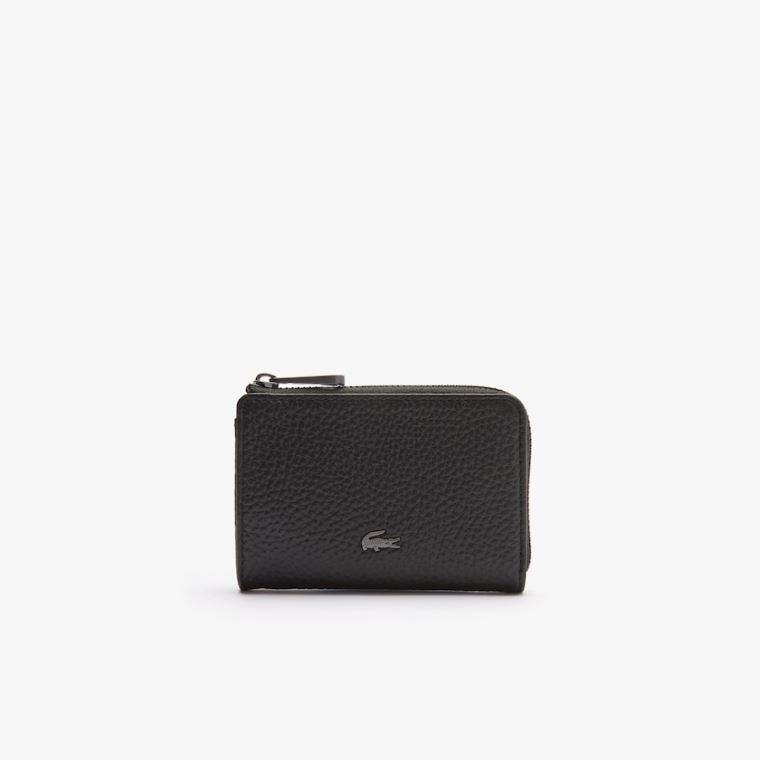 Lacoste Soft Mate Matte Full-Grain Læder Zippered Card Holder Sort | YNuKoD3J