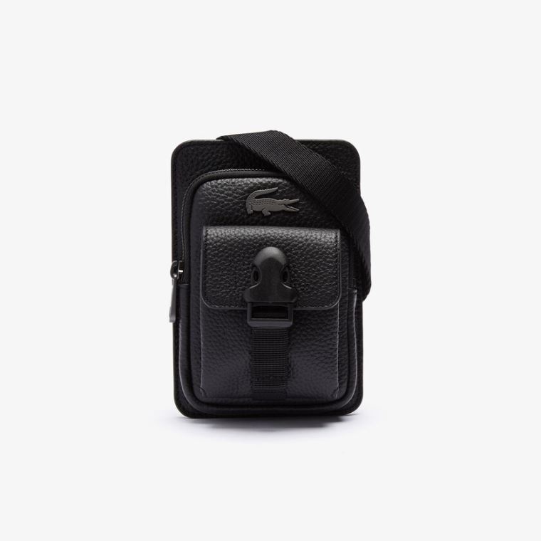 Lacoste Soft Matte Grained Læder Smartphone Pouch Sort | rWeLOTLV