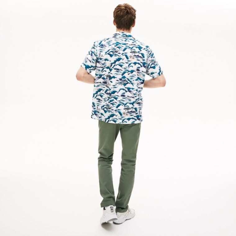 Lacoste Southern France Print Bomulds Hawaiian Fit Shirt Blå Lyselyserød Hvide | RvqKQ73Q