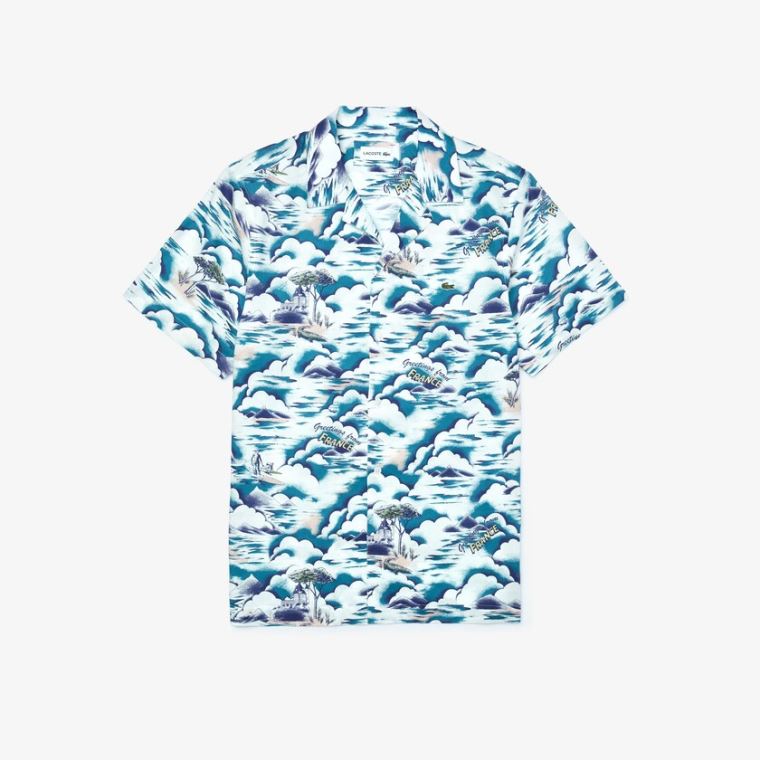 Lacoste Southern France Print Bomulds Hawaiian Fit Shirt Blå Lyselyserød Hvide | RvqKQ73Q