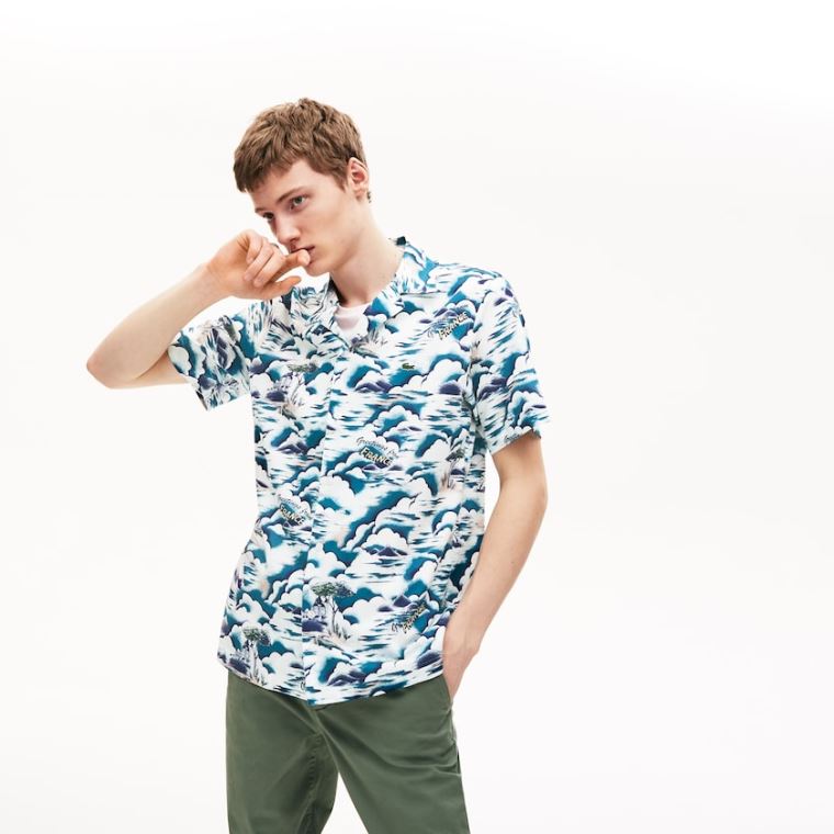 Lacoste Southern France Print Bomulds Hawaiian Fit Shirt Blå Lyselyserød Hvide | RvqKQ73Q