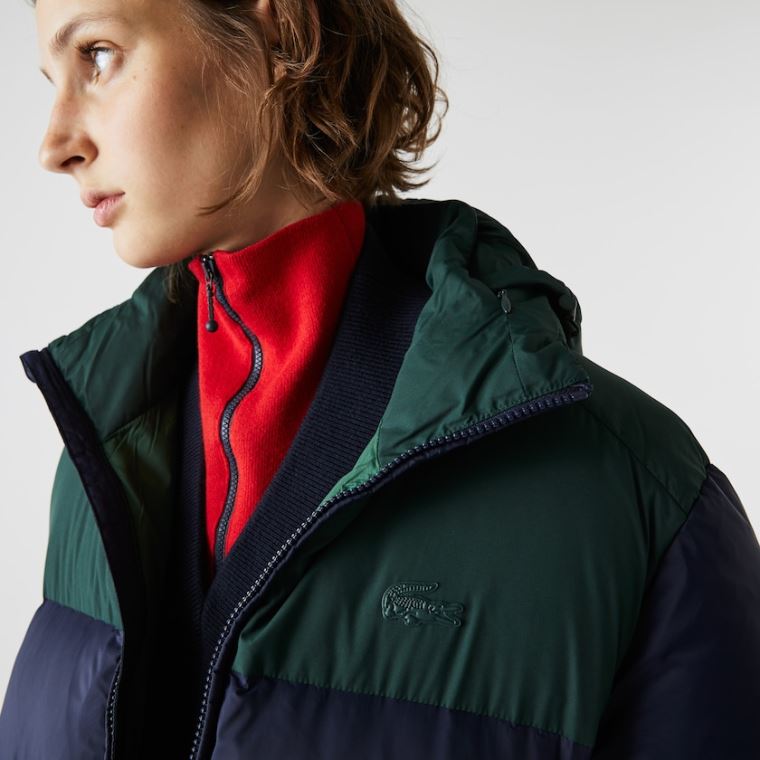 Lacoste Stand-Up Collar Concealed Hood Colourblock Kort Jacket Mørkeblå Blå Grøn | 6KkC0KMK