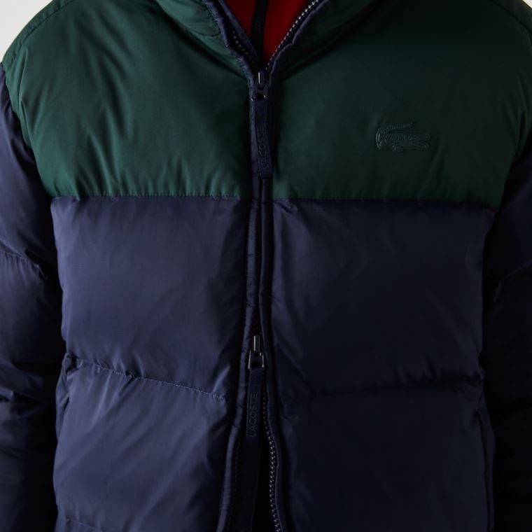 Lacoste Stand-Up Collar Concealed Hood Colourblock Kort Jacket Mørkeblå Blå Grøn | 6KkC0KMK