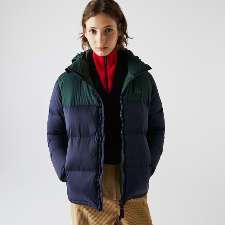 Lacoste Stand-Up Collar Concealed Hood Colourblock Kort Jacket Mørkeblå Blå Grøn | 6KkC0KMK