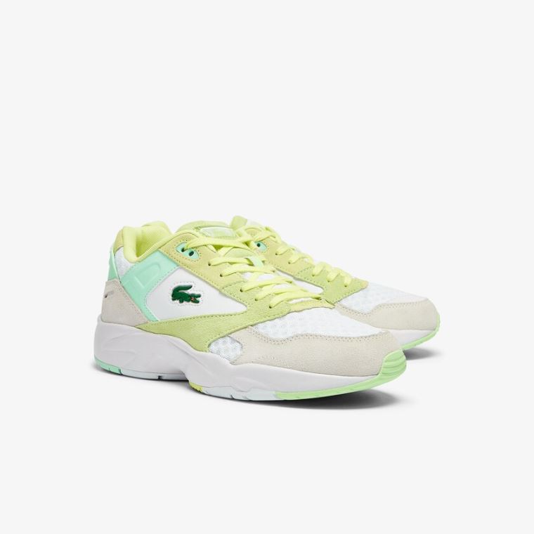 Lacoste Storm 96 Lo Ruskind and Mesh Sneakers Hvide Lysegul | 9gWhVeeq