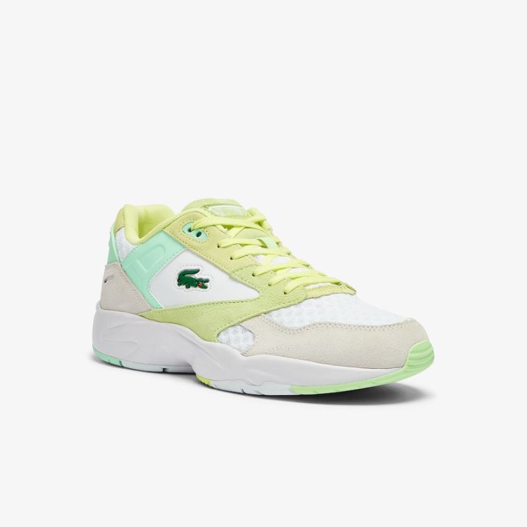 Lacoste Storm 96 Lo Ruskind and Mesh Sneakers Hvide Lysegul | 9gWhVeeq